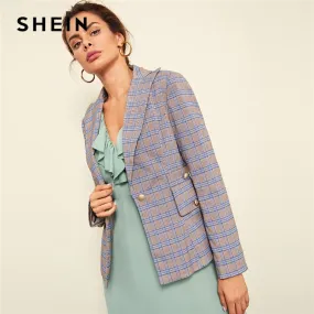 Multicolor Office Lady Elegant Single Button Breasted Plaid Highstreet Blazer