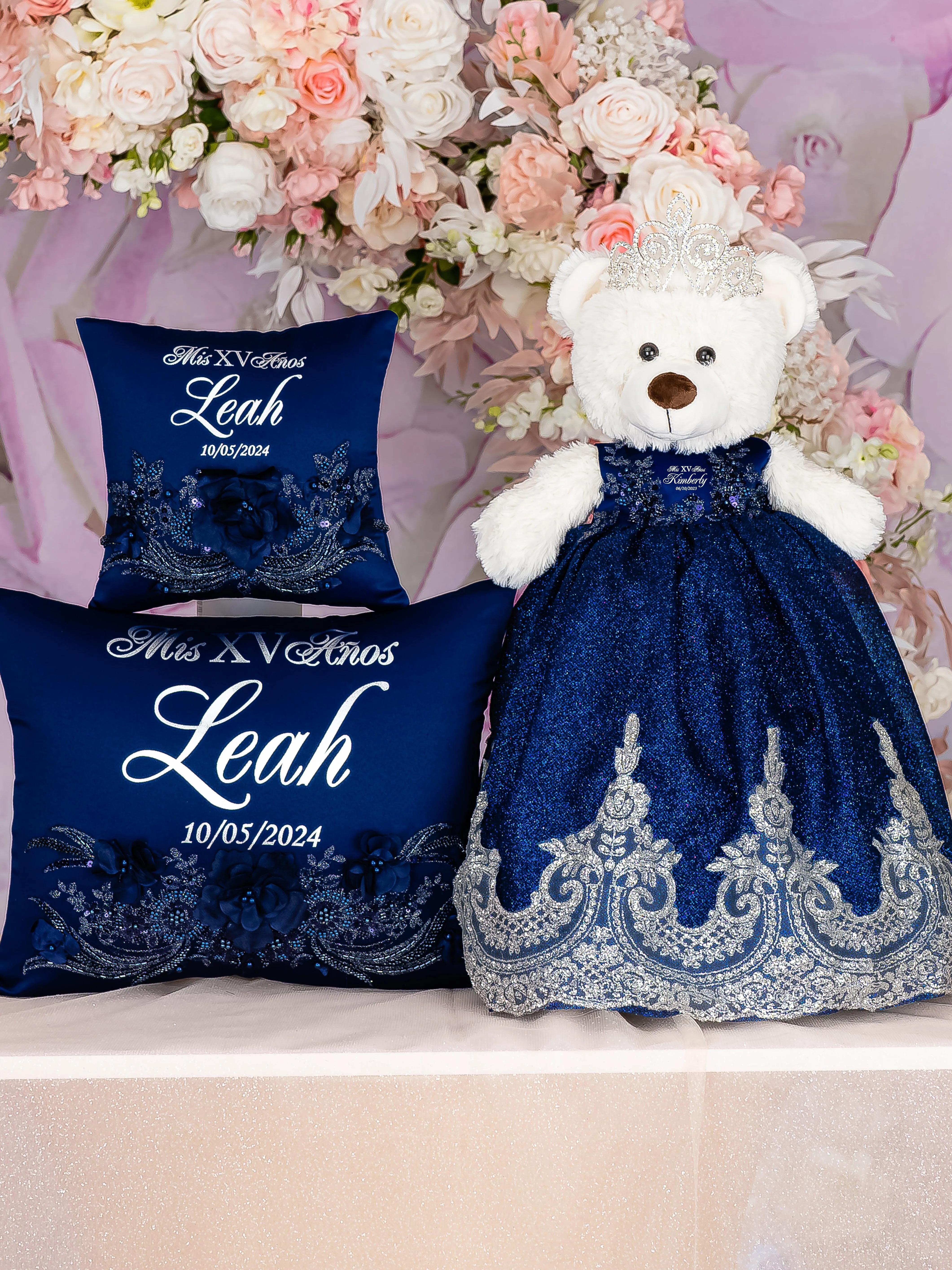 Navy Blue with silver Quinceanera package of Money Card Box, Bible, pillows set and Teddy Bear