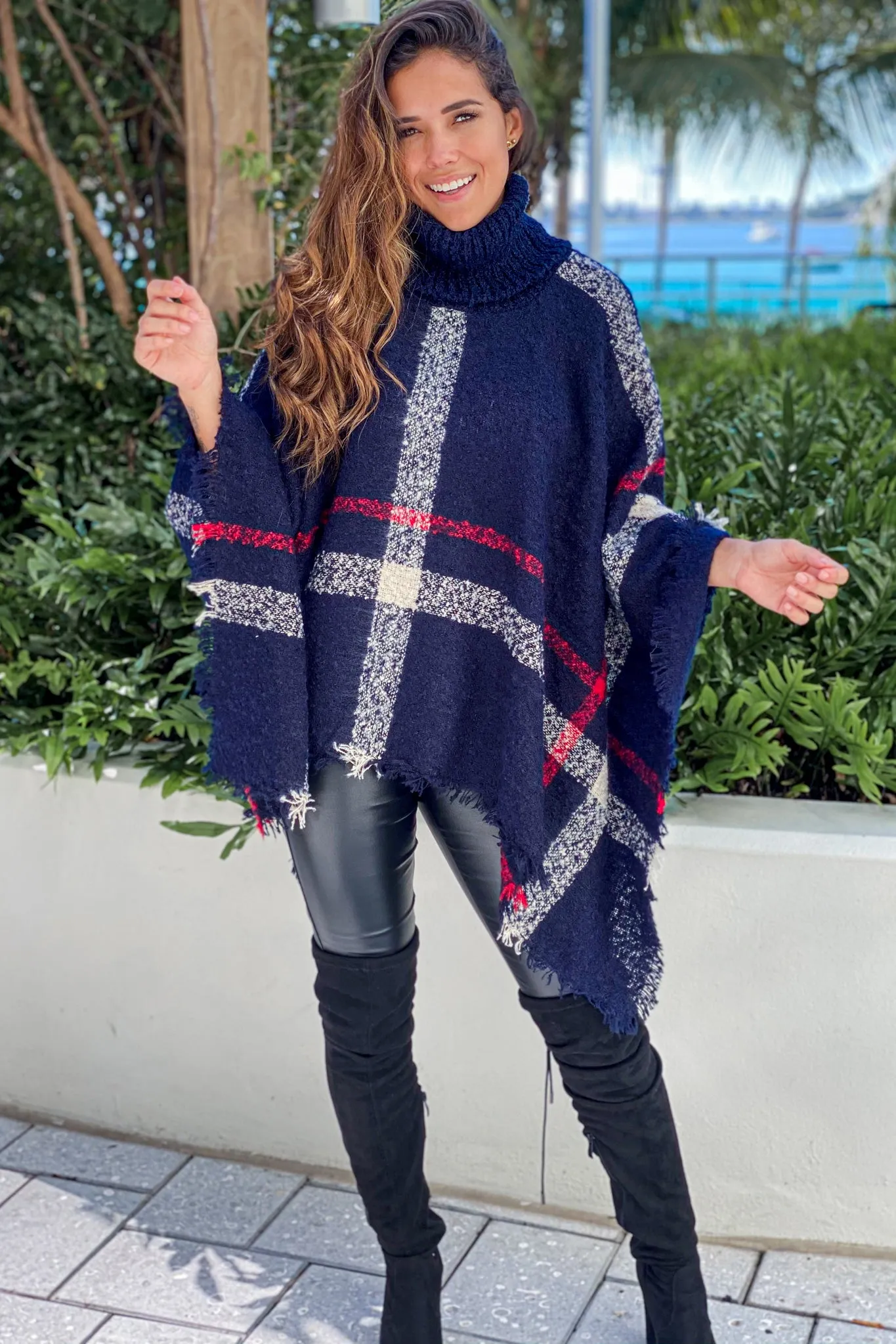 Navy Plaid Turtleneck Poncho