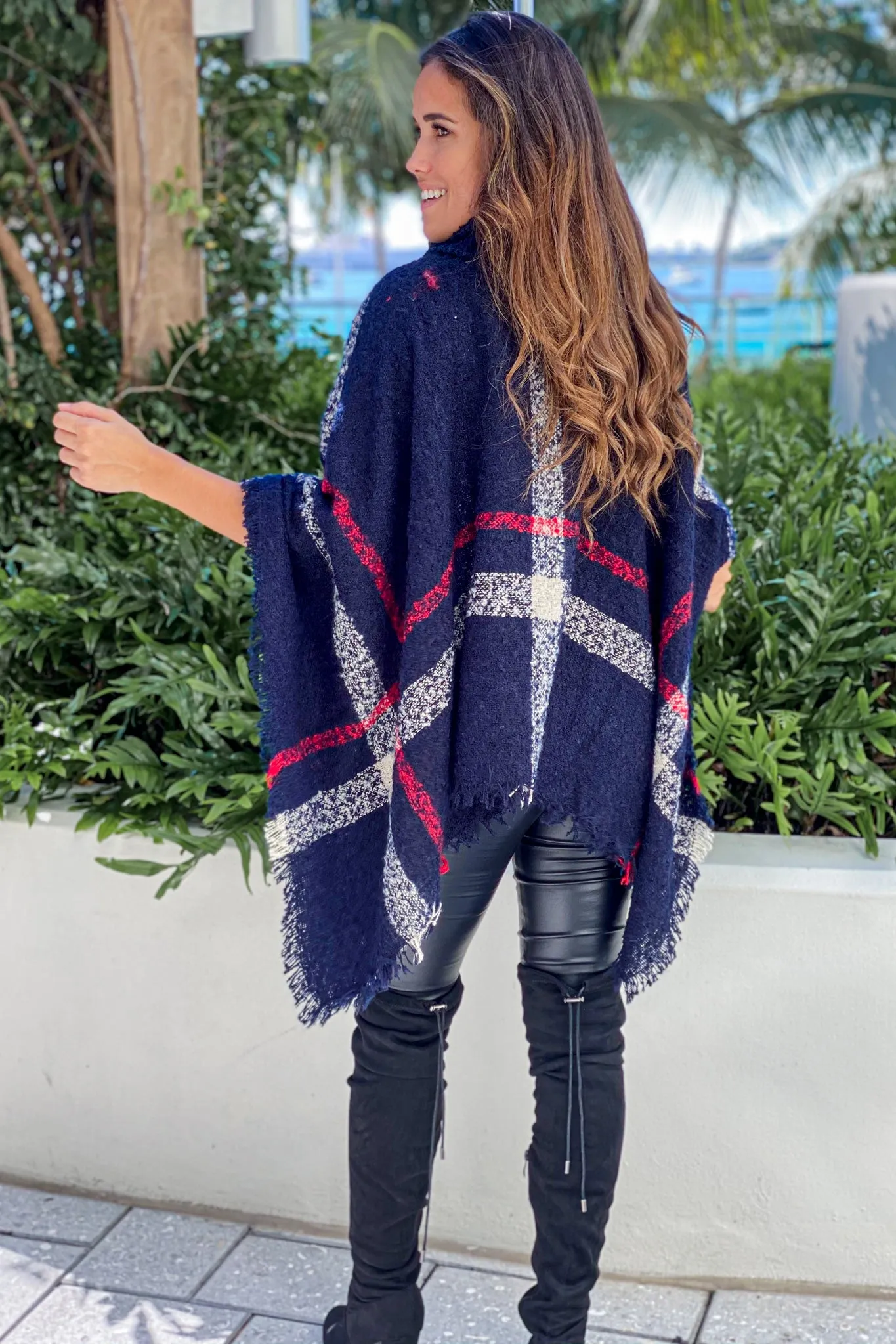 Navy Plaid Turtleneck Poncho