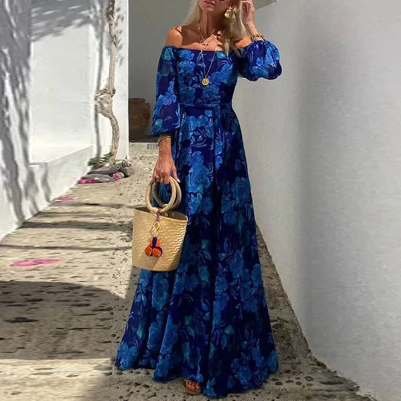 Neck High Waist Blue Floral Print Pleated Casual Long Sleeve Boho Summer Slash Dress