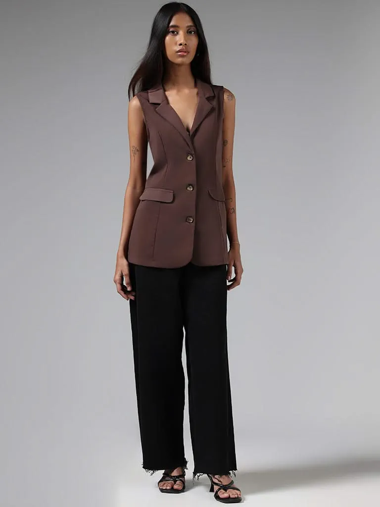 Nuon Solid Brown Sleeveless Blazer