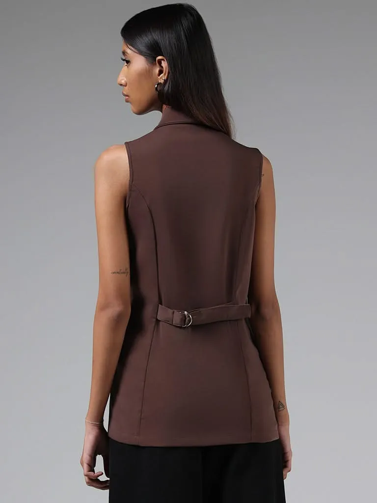 Nuon Solid Brown Sleeveless Blazer