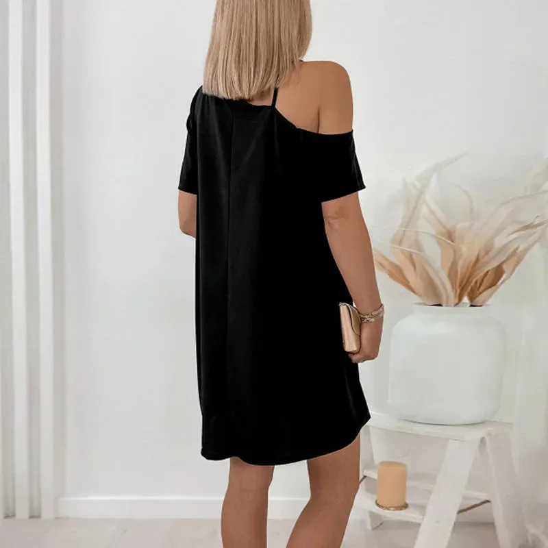 Off Shoulder Office Lady Solid Short Sleeve Summer Asymmetric Dress