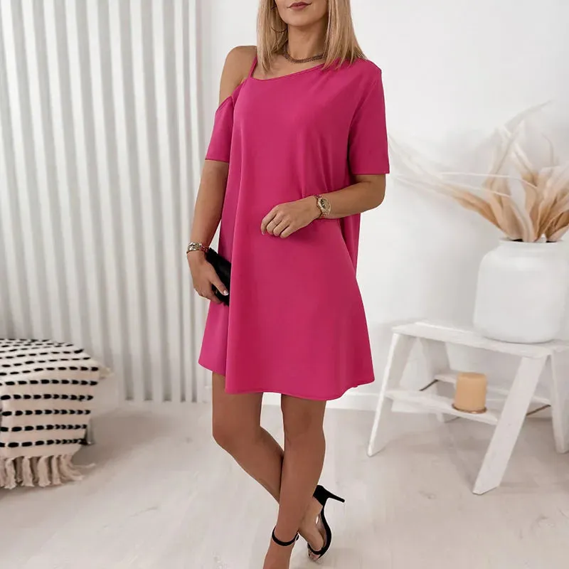 Off Shoulder Office Lady Solid Short Sleeve Summer Asymmetric Dress