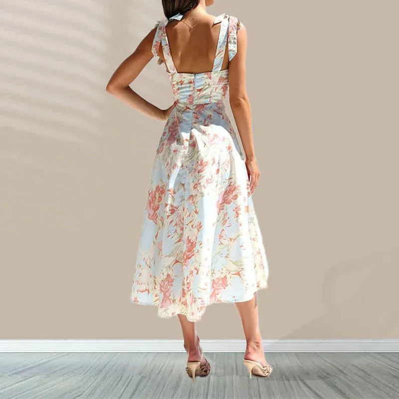 Off Shoulder Pleated Long's Floral Print High Waist Summer Casual Dress