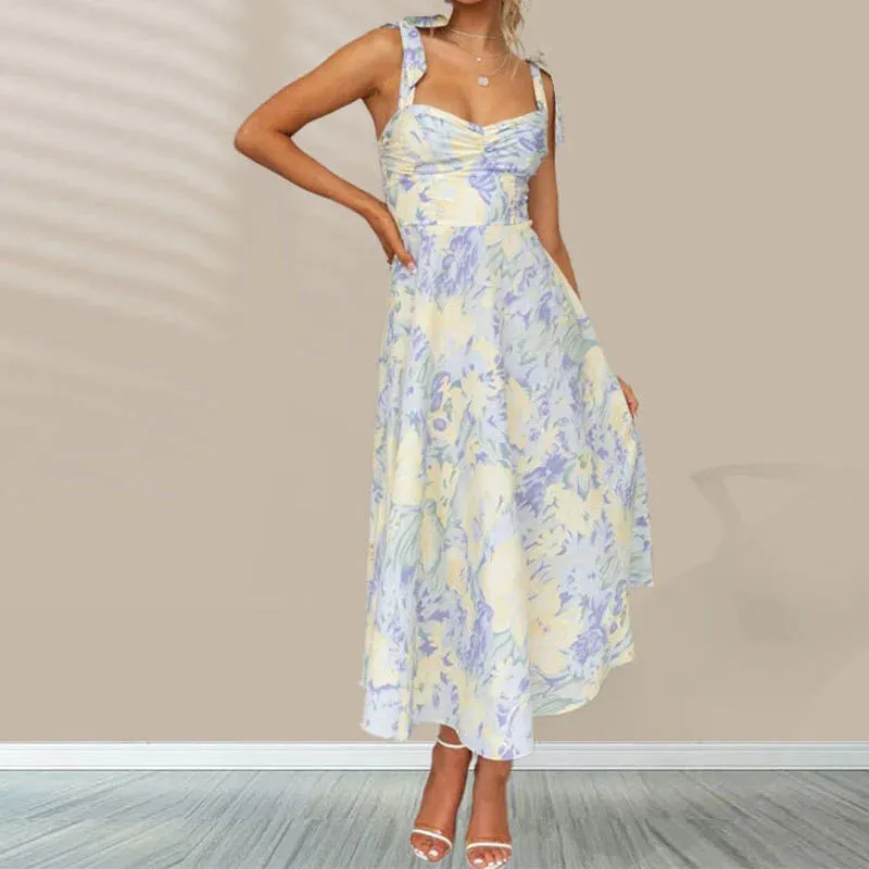 Off Shoulder Pleated Long's Floral Print High Waist Summer Casual Dress