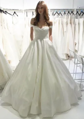 Off Shoulder Sweetheart Criss Cross Pleated Taffeta Wedding Dress