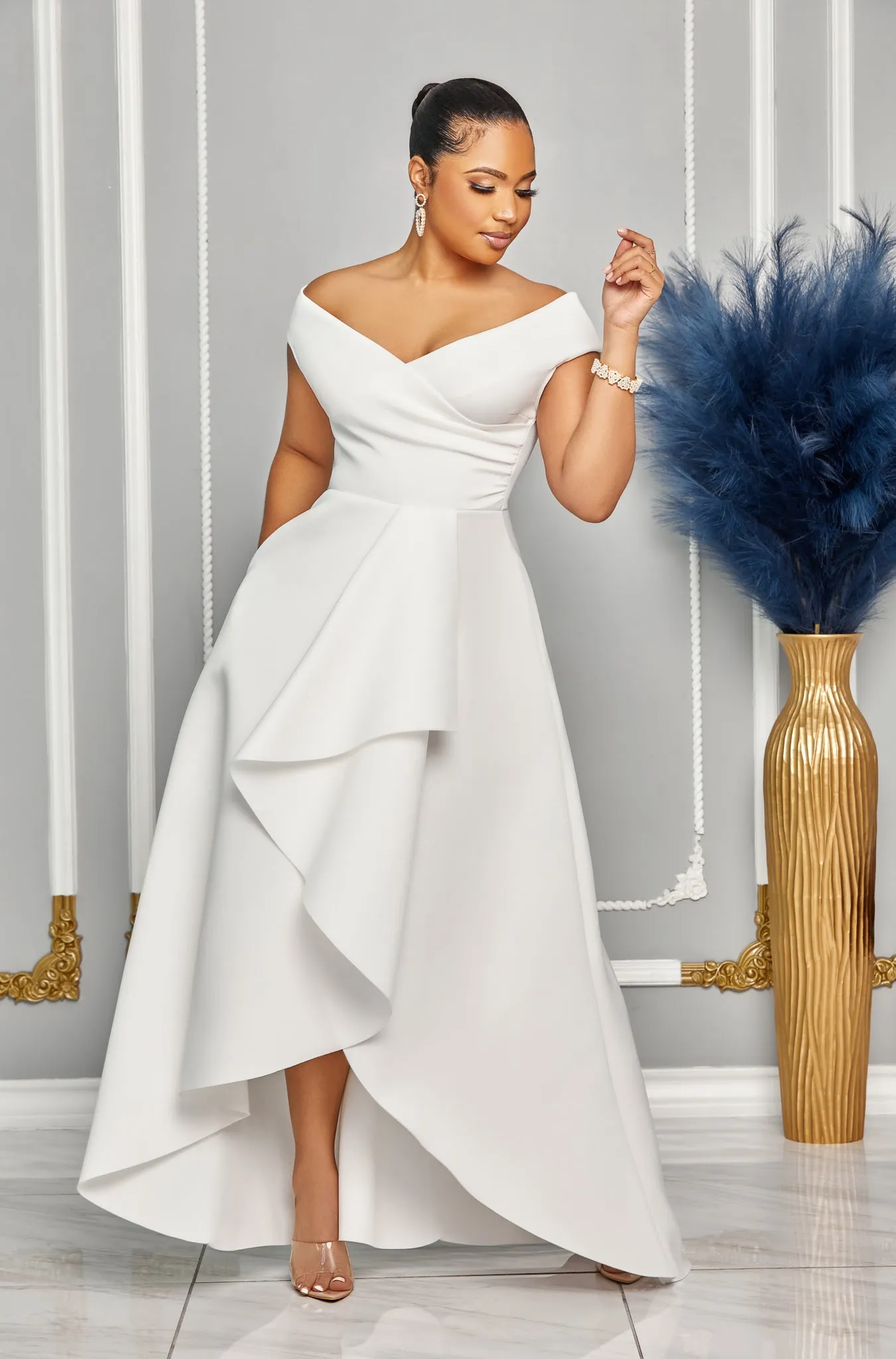 OFF THE SHOULDER SWEETHEART NECKLINE FAUX-WRAP DRESS (WHITE)