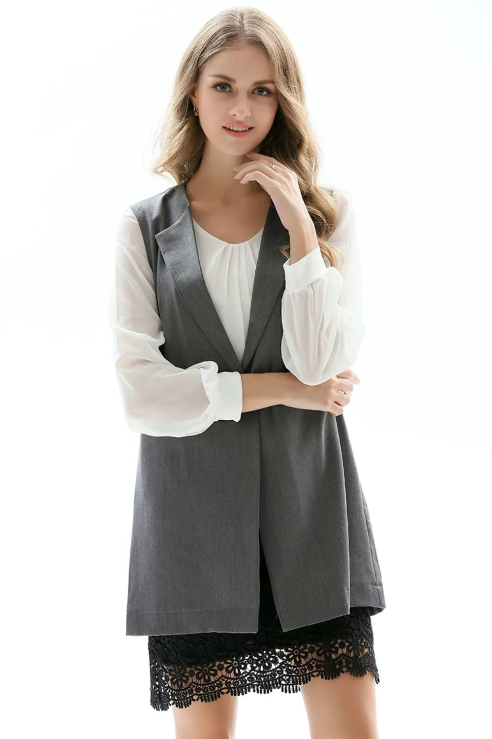 One-Button Sleeveless Longline Blazer