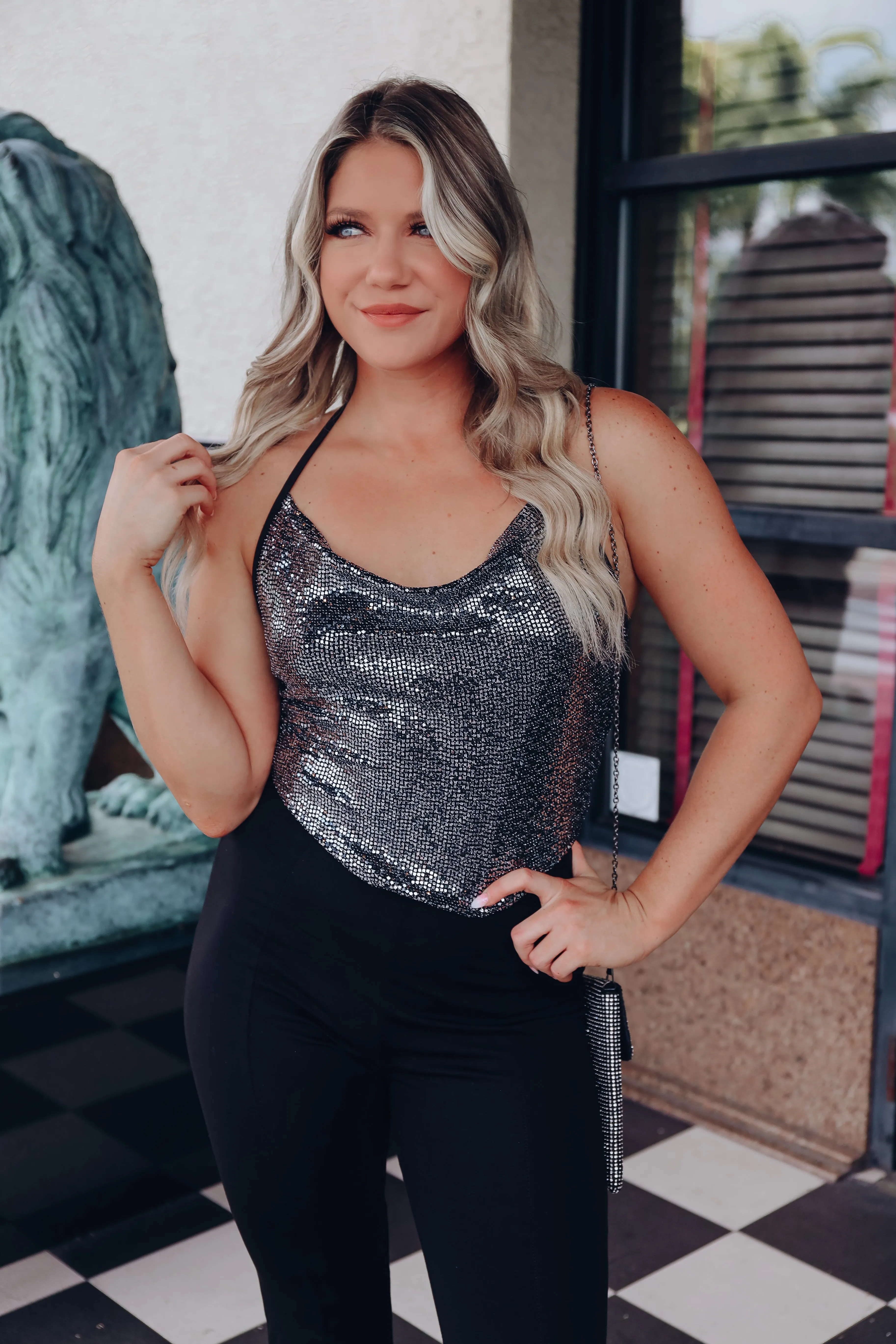 One Night Sequin Halter Crop Top