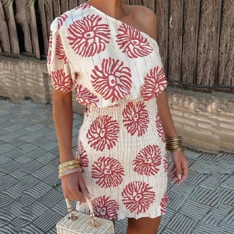 One Shoulder Sleeve Pleats Party Elegant Flower Print Wrap Hip 2024 Diagonal Neck High Waist Short Floral Sexy Dress