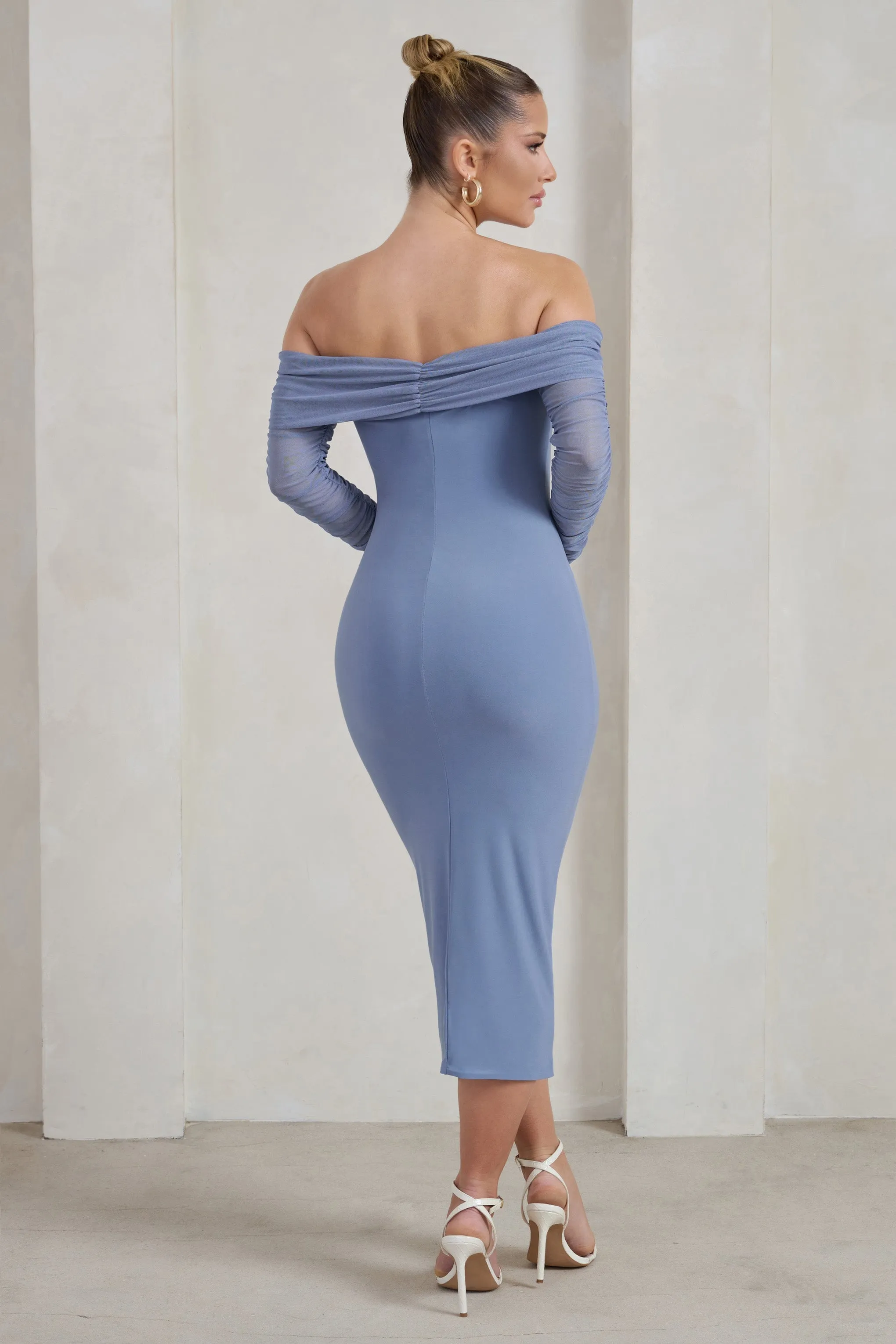 Only You | Ice Blue Ruched Mesh Bardot Midi Dress