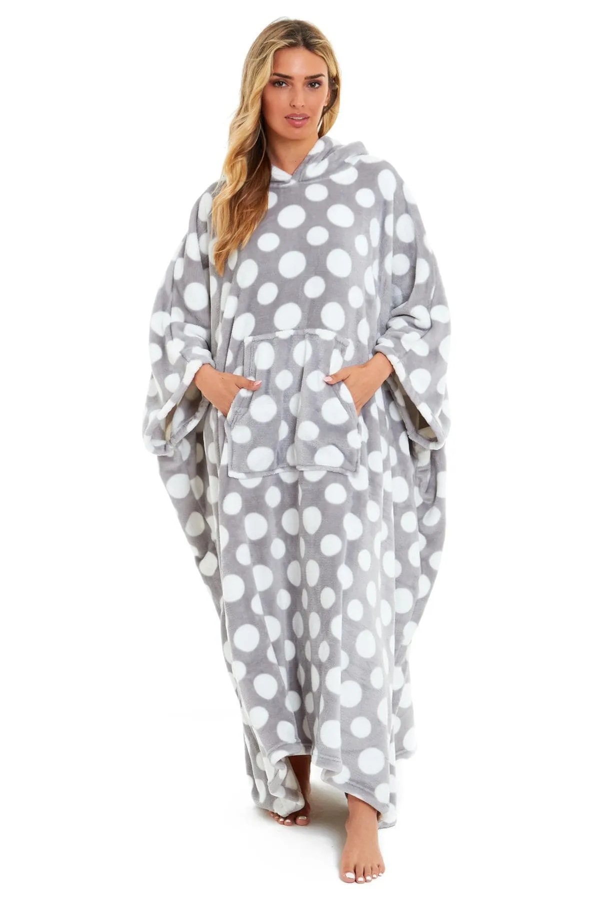 Oversized Hooded Fleece Poncho Blanket with Stars and Polka Dots Plush Wearable Blanket with Front Pocket for Adults Indoor Outdoor by Daisy Dreamer