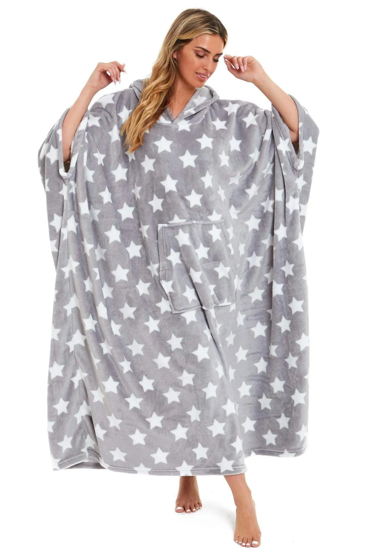 Oversized Hooded Fleece Poncho Blanket with Stars and Polka Dots Plush Wearable Blanket with Front Pocket for Adults Indoor Outdoor by Daisy Dreamer