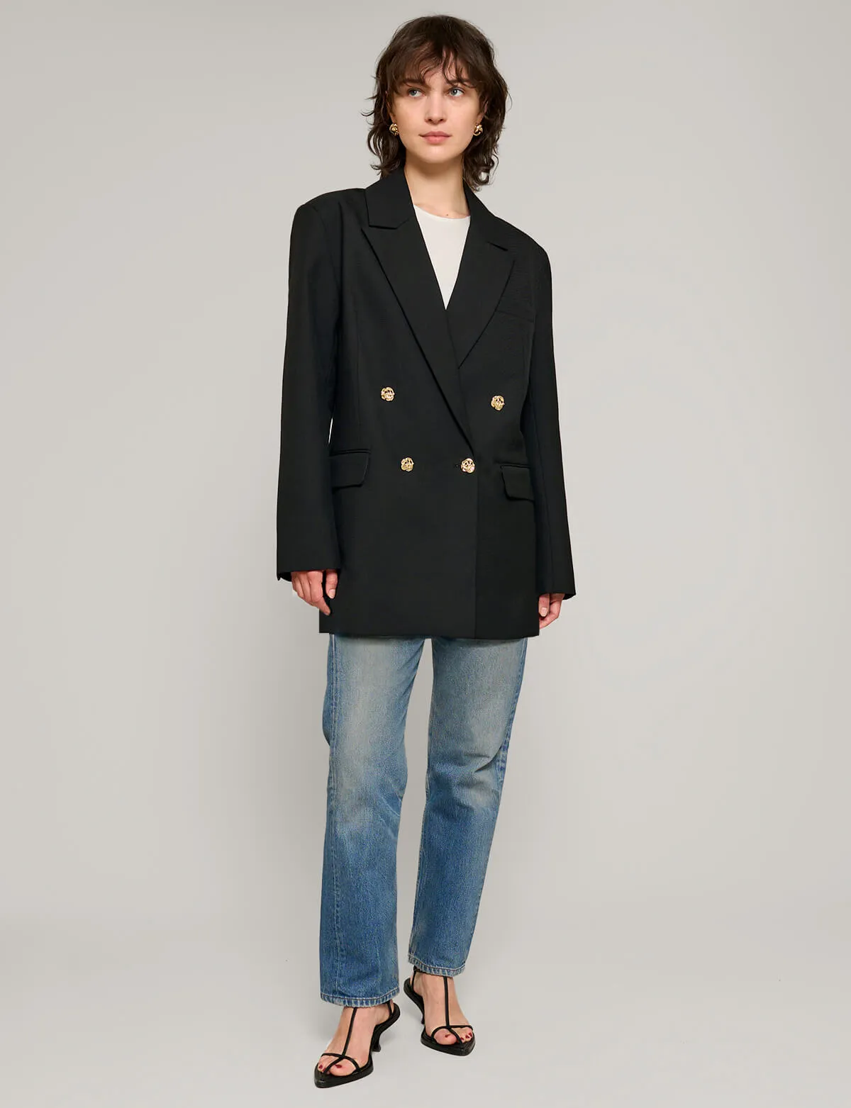 Oversized Wool-Twill Gold-Button Blazer