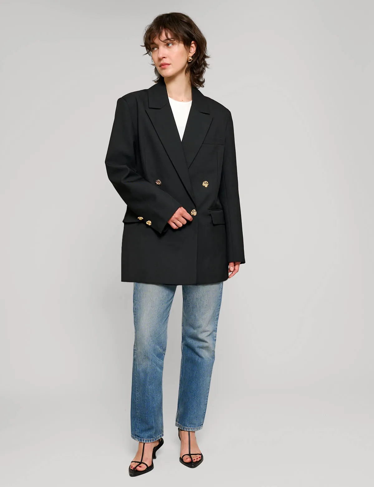 Oversized Wool-Twill Gold-Button Blazer