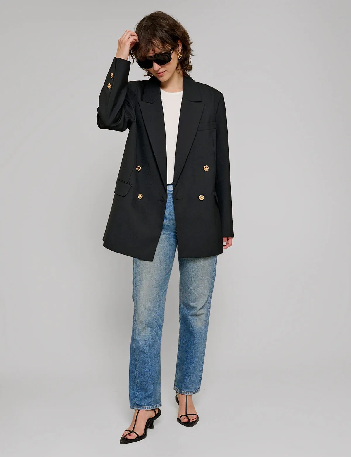 Oversized Wool-Twill Gold-Button Blazer