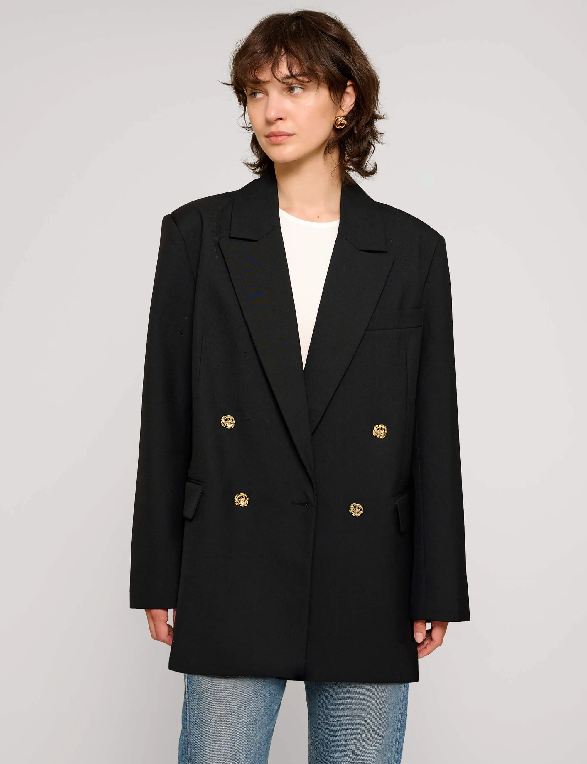 Oversized Wool-Twill Gold-Button Blazer