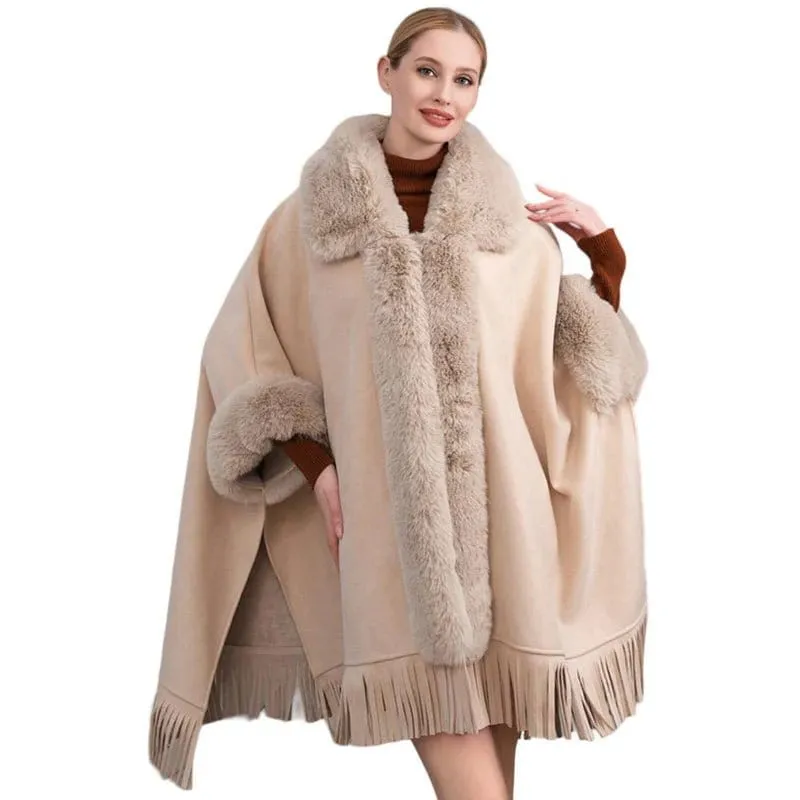 P6116 Clara Faux Fur Trim Poncho With Fringe