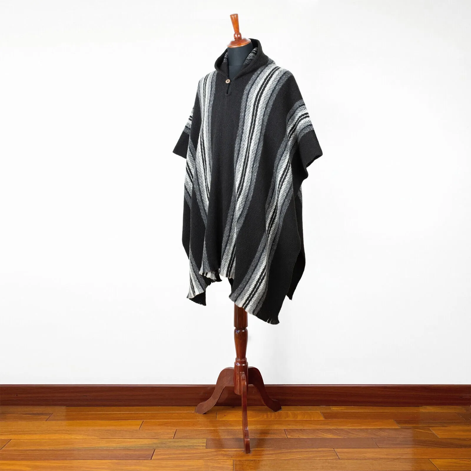 Parasa - Llama Wool Unisex South American Handwoven Hooded Poncho - black striped pattern