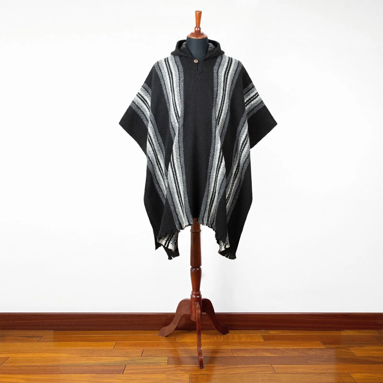 Parasa - Llama Wool Unisex South American Handwoven Hooded Poncho - black striped pattern