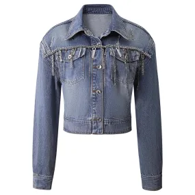 Patchwork Chain Denim Jackets For Women Lapel Long Sleeve Spliced Single Beasted Casual Temperament Jacket Female