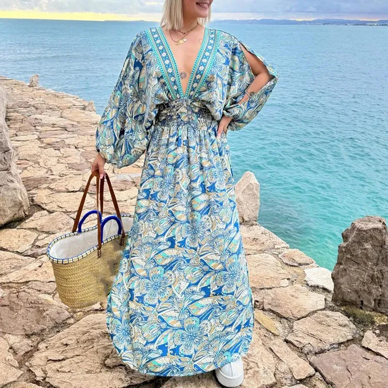 Pattern Printed Hollow Long Sleeved Sexy V-neck Backless Bandage Bohemian Casual Waist Pleated Beach Floral Vintage Dress