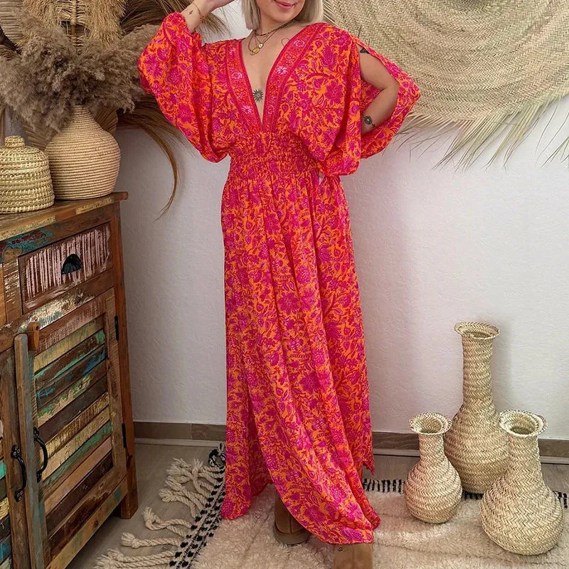 Pattern Printed Hollow Long Sleeved Sexy V-neck Backless Bandage Bohemian Casual Waist Pleated Beach Floral Vintage Dress