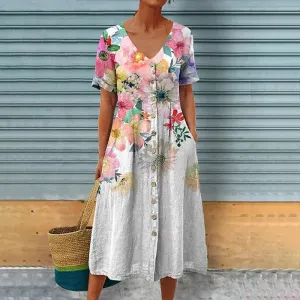 Pattern Printed Pocket Lady V-neck Short Sleeve Loose Casual Single Breasted Pleats Long Summer 2024 Dress