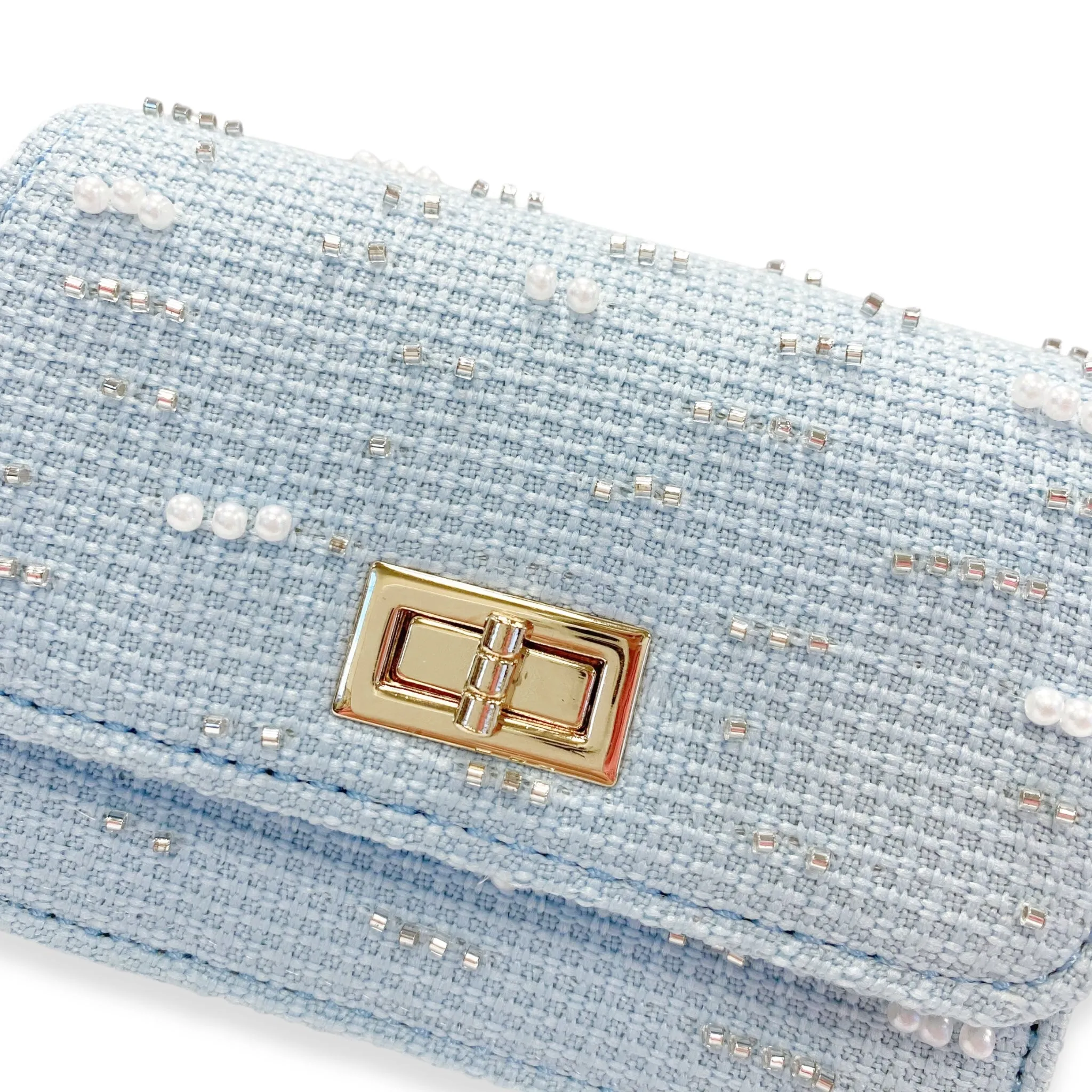 Pearls & Beads Tweed Purse -blue