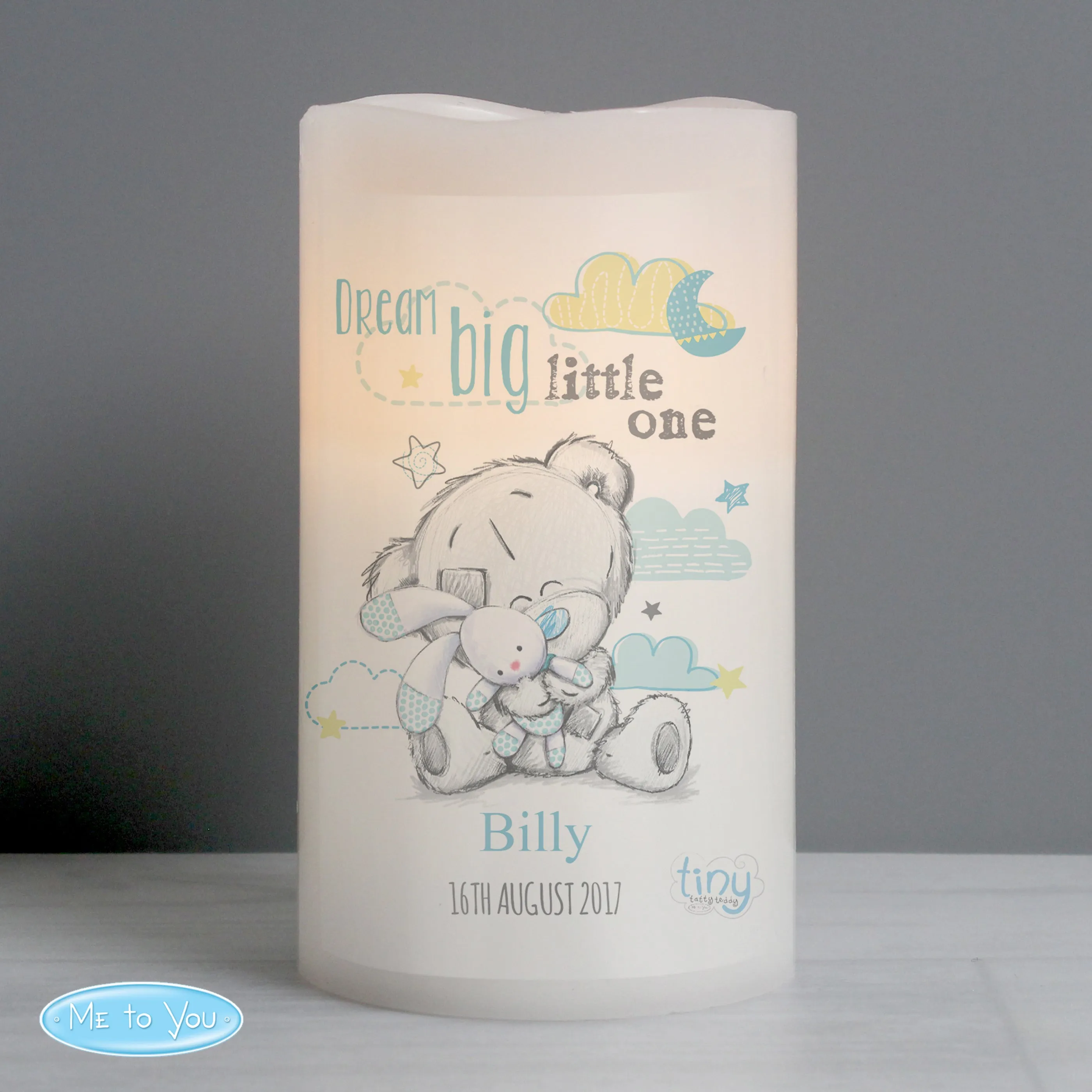 Personalised Tiny Tatty Teddy Dream Big Blue Nightlight LED Candle