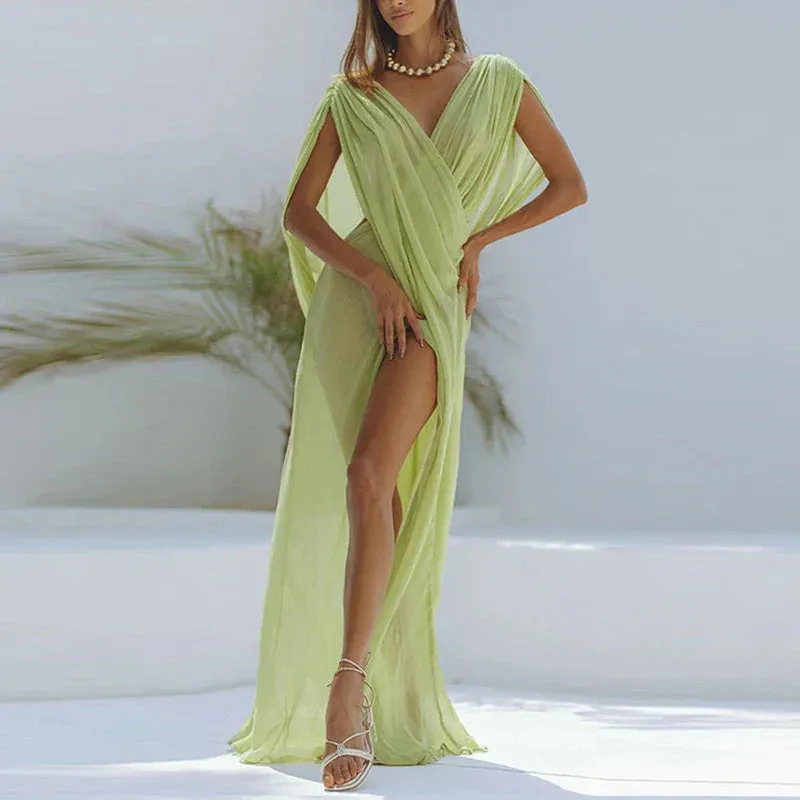 Perspective Mesh Draped Long Hollow Out Split 's Clothing Cover Up Vestidos Summer Sexy Dress