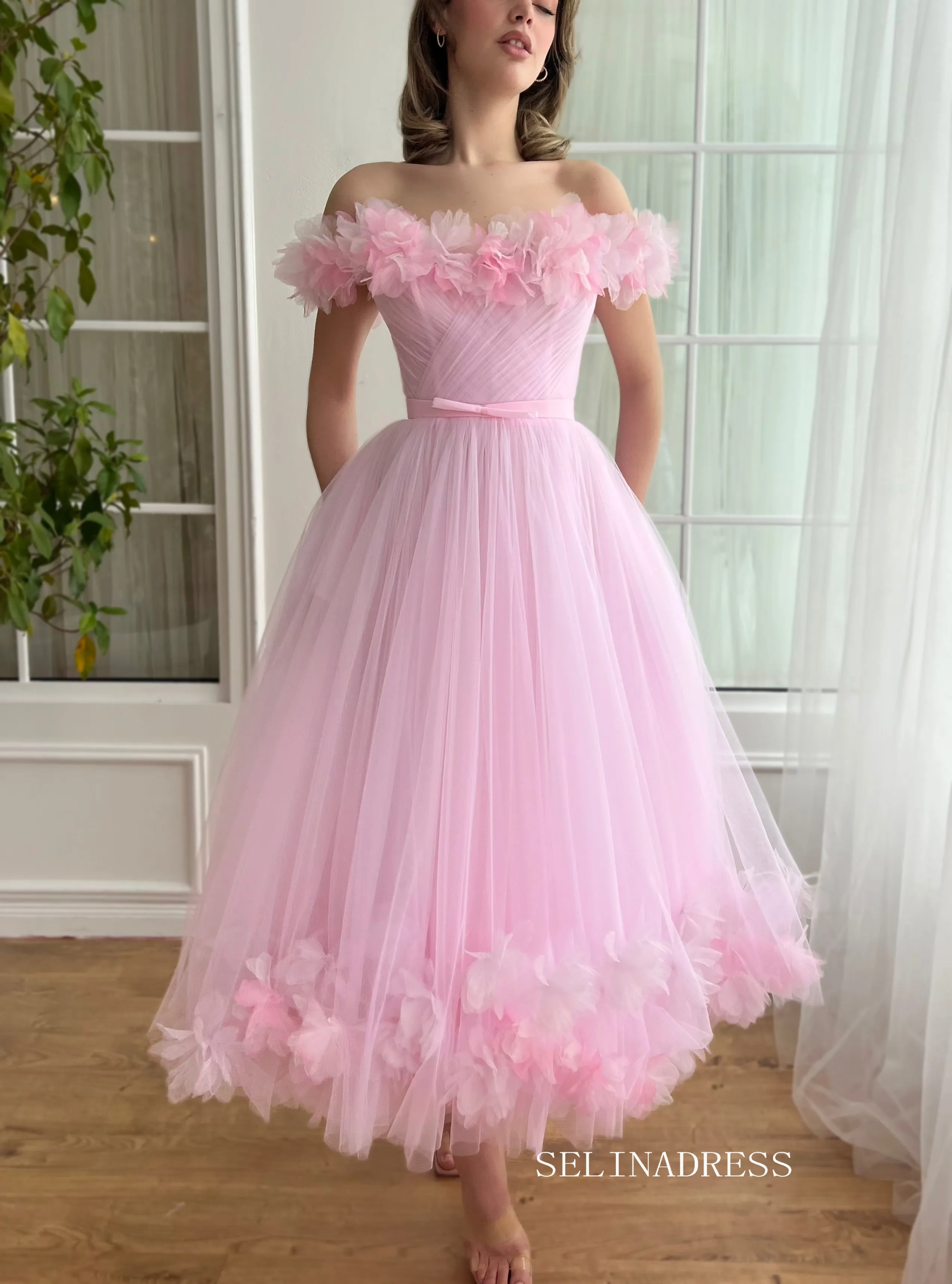 Pink Off-the-shoulder Short Midi Prom Dress A line Tulle Party Dress JKL3127