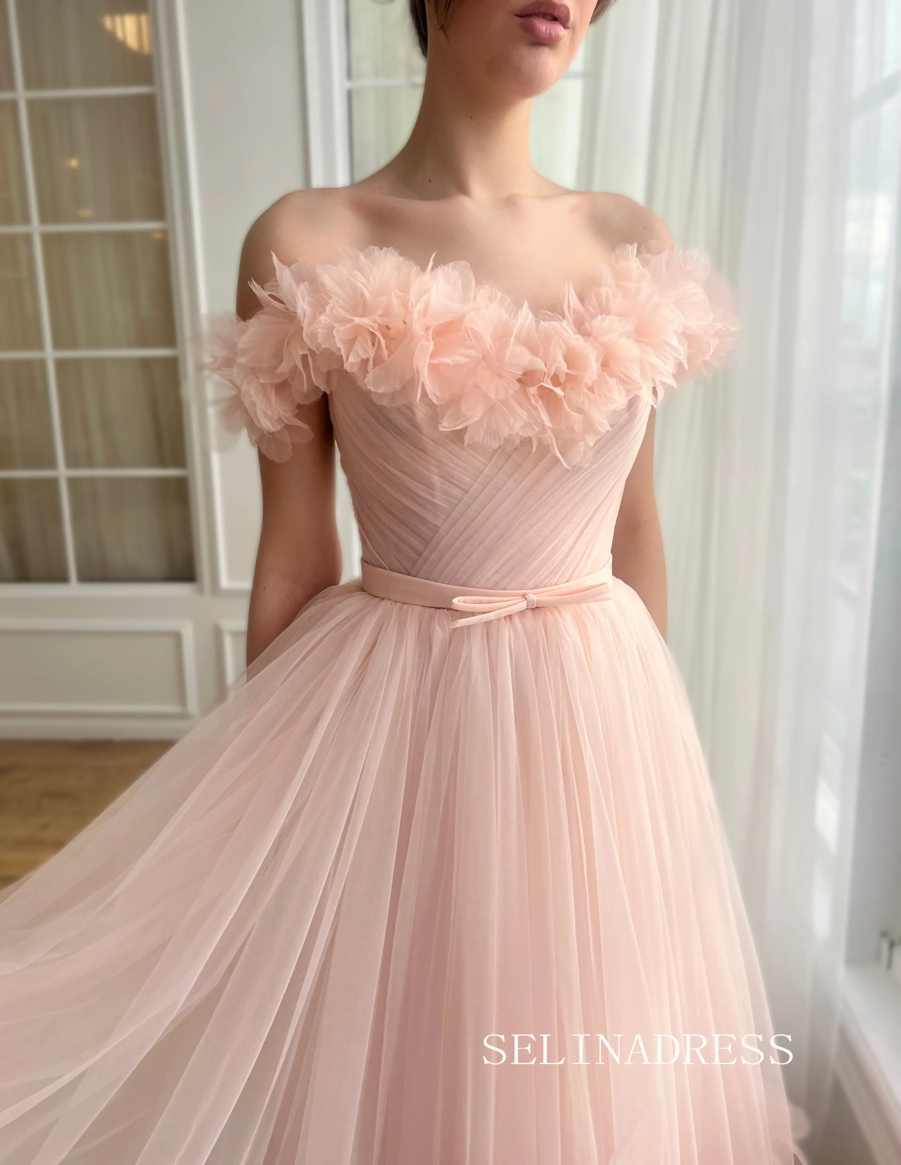 Pink Off-the-shoulder Short Midi Prom Dress A line Tulle Party Dress JKL3127