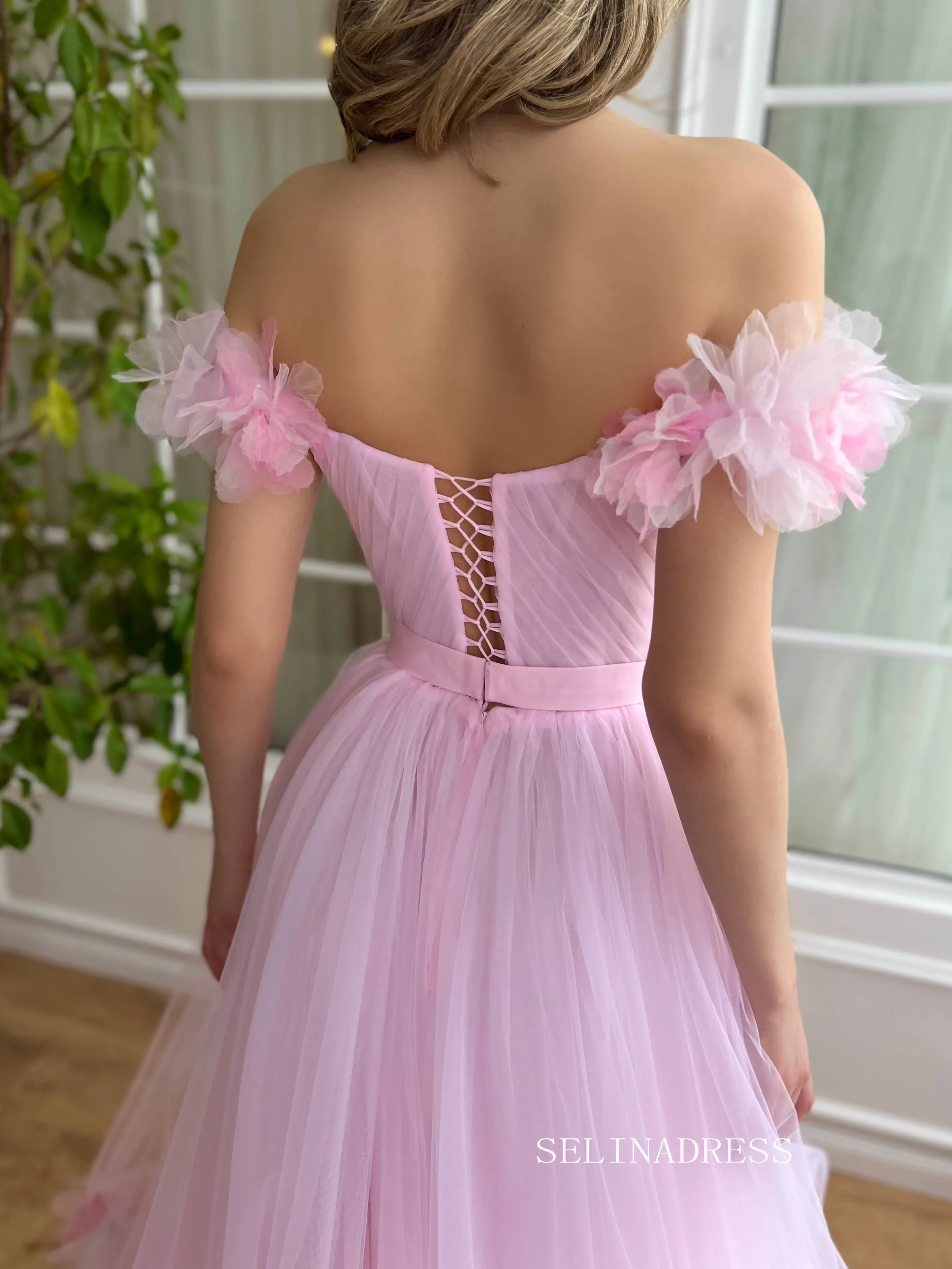 Pink Off-the-shoulder Short Midi Prom Dress A line Tulle Party Dress JKL3127