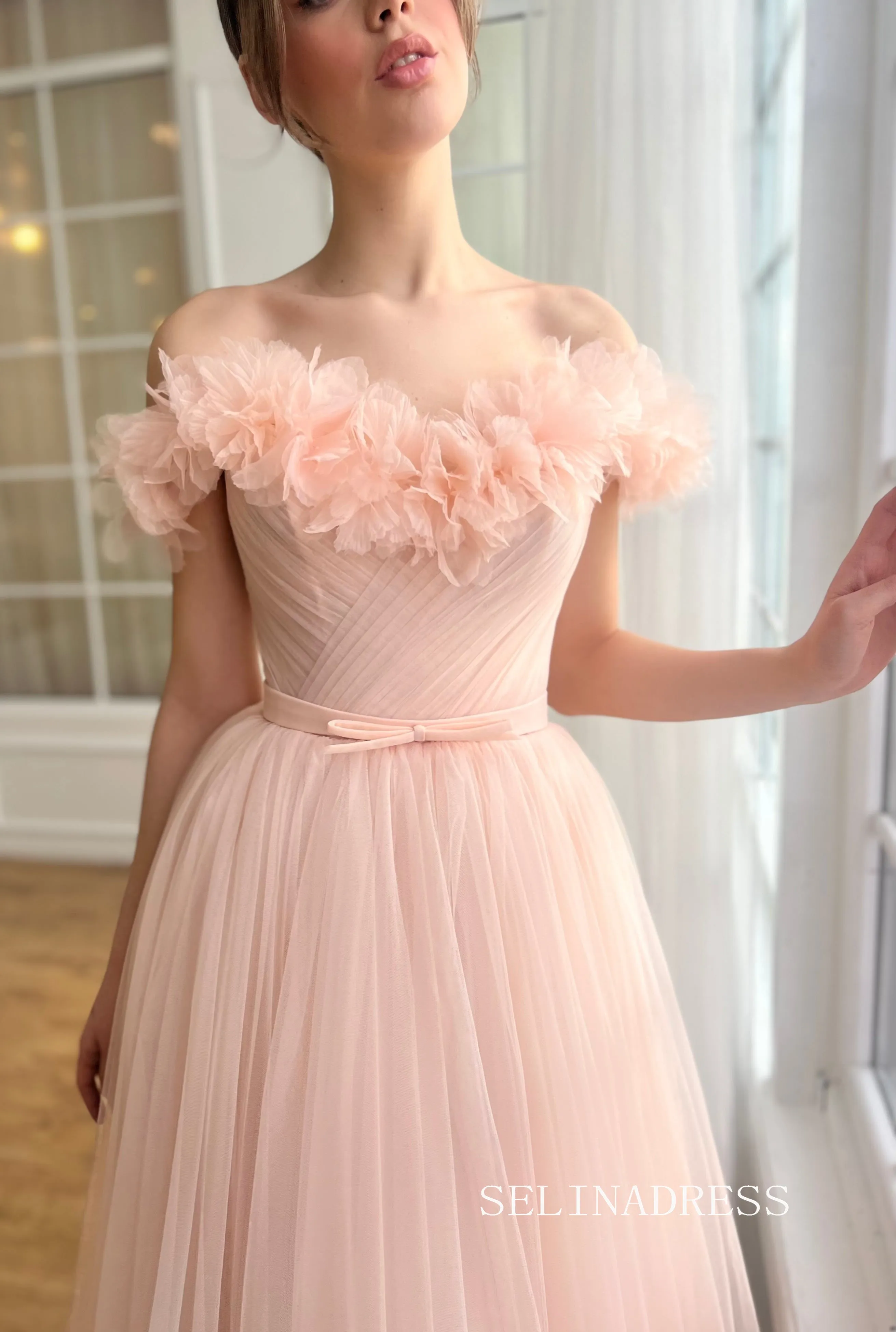 Pink Off-the-shoulder Short Midi Prom Dress A line Tulle Party Dress JKL3127