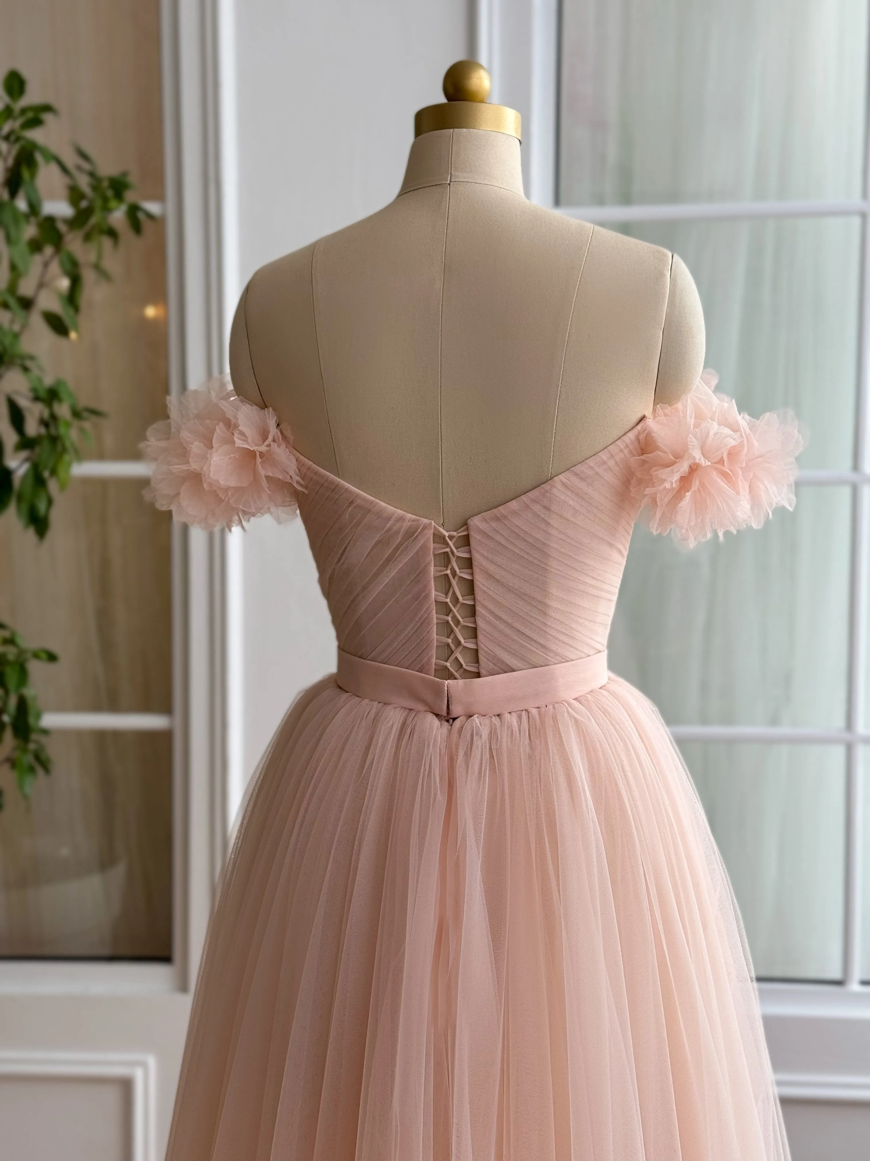 Pink Off-the-shoulder Short Midi Prom Dress A line Tulle Party Dress JKL3127