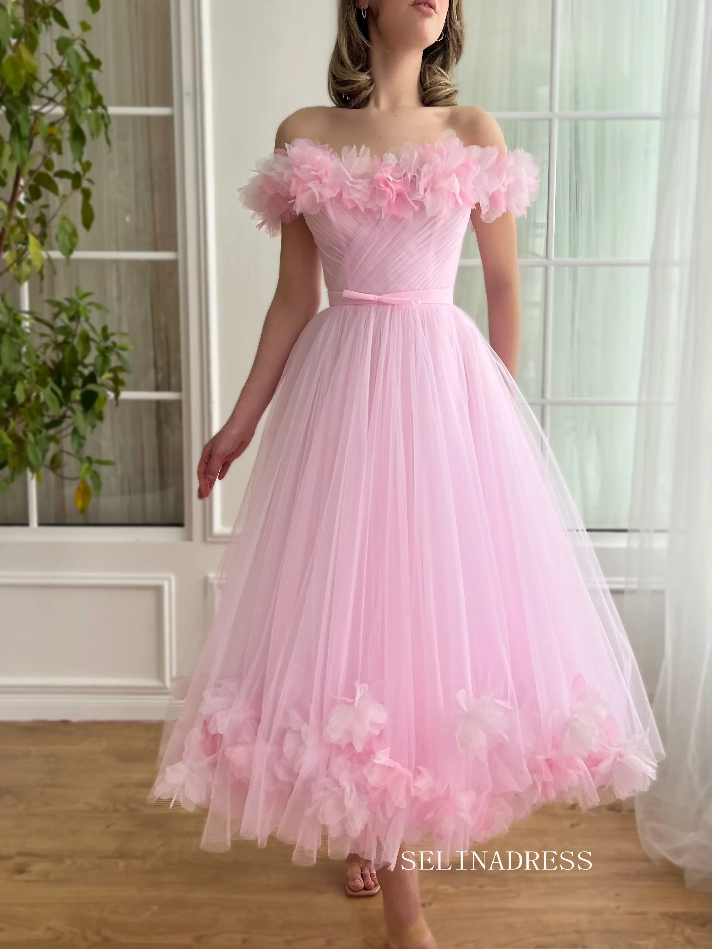 Pink Off-the-shoulder Short Midi Prom Dress A line Tulle Party Dress JKL3127