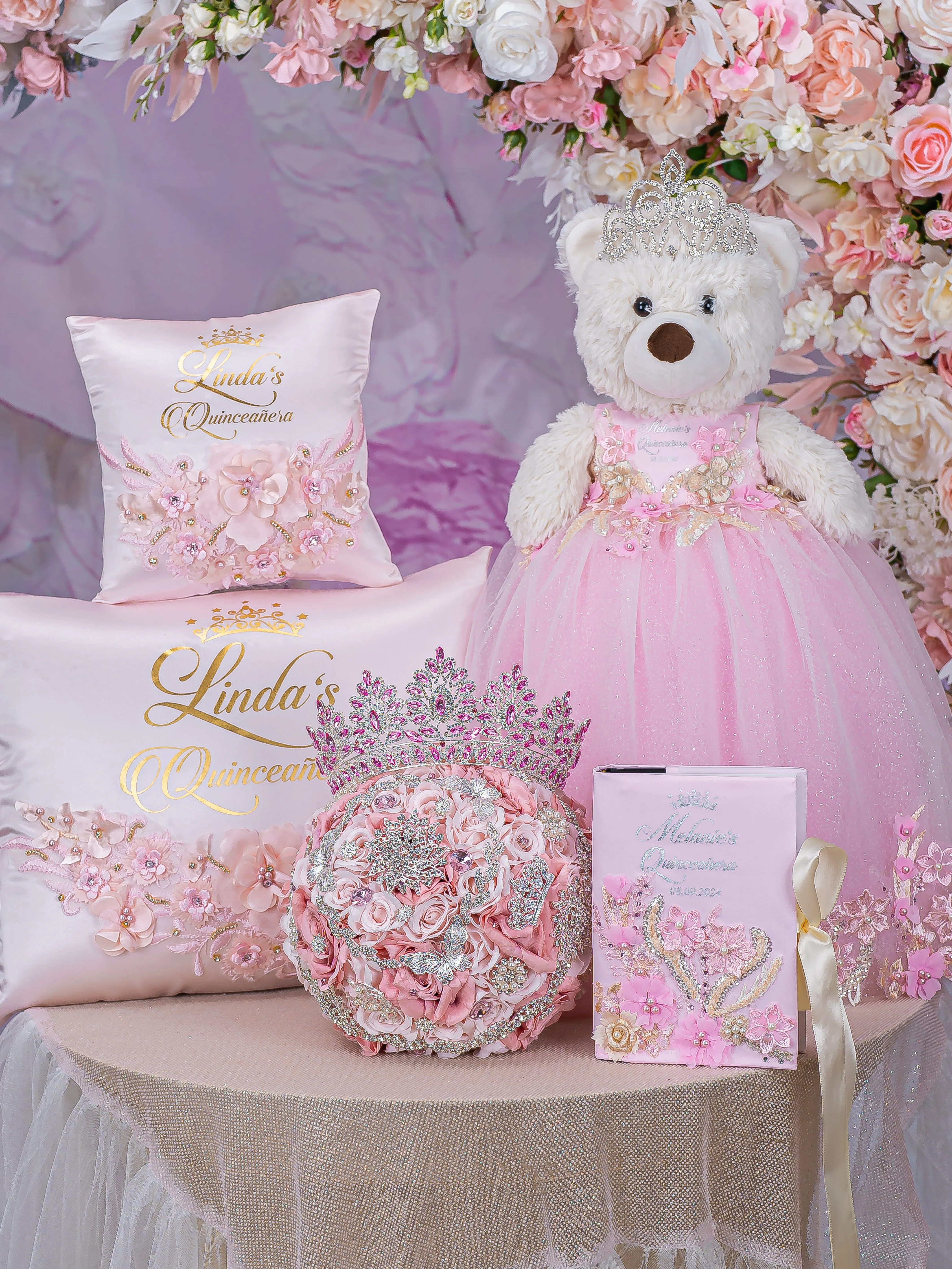 Pink Quinceanera bear, cardbox, bible and bouquet 9 inches