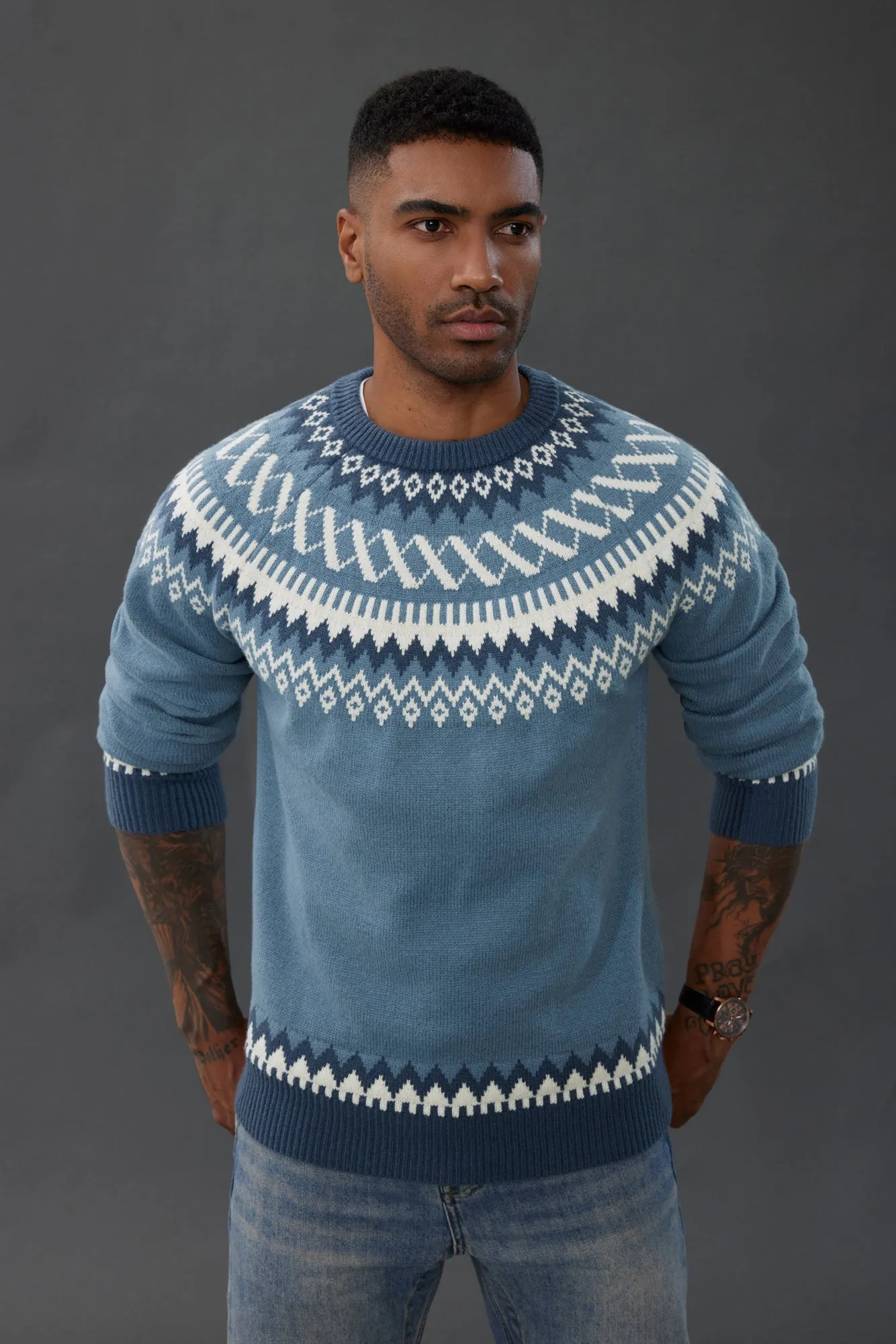 PJ Paul Jones Men's Fair Isle Crewneck Sweater Vintage Leisure Pattern Knit Long Sleeve Pullover Sweater