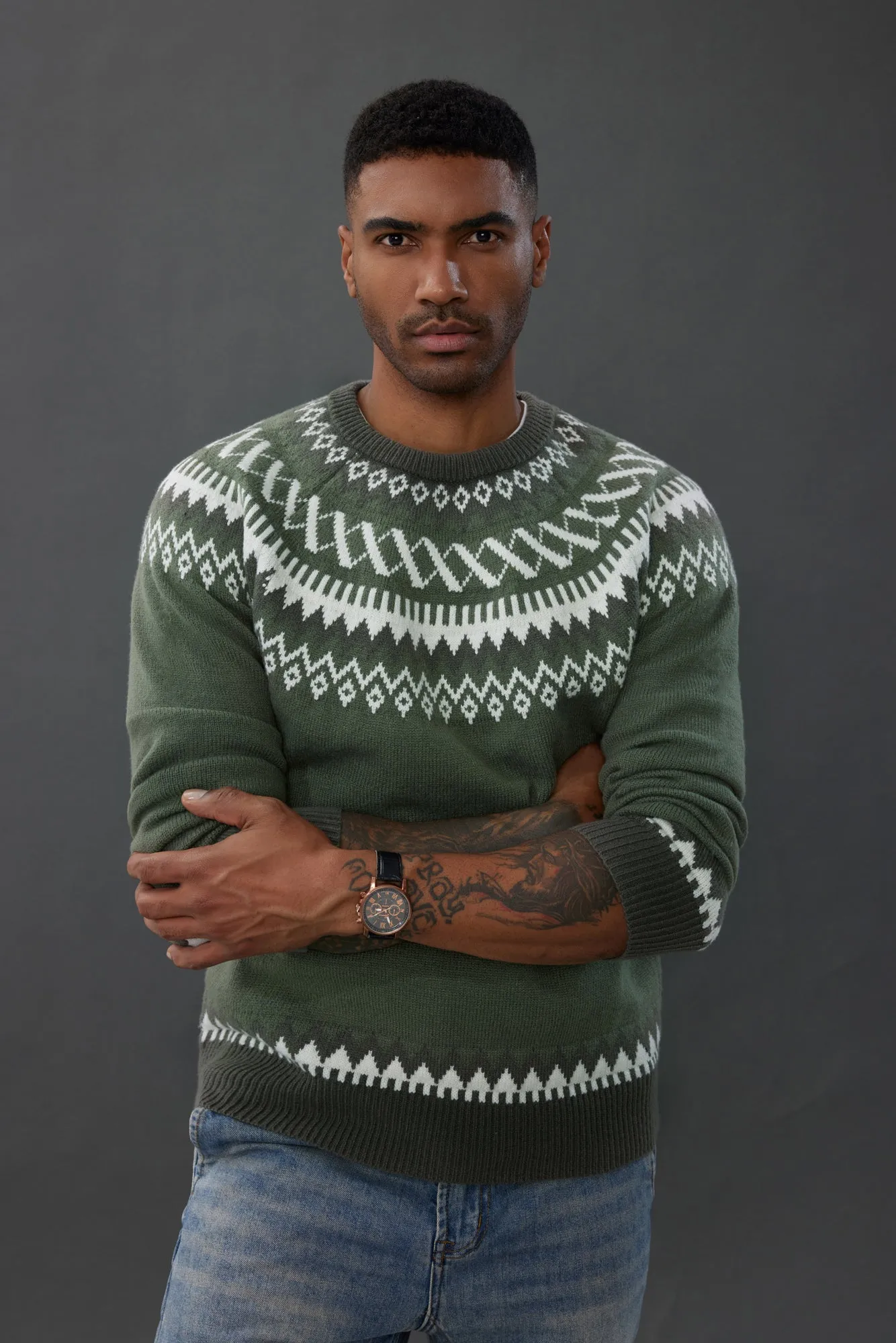 PJ Paul Jones Men's Fair Isle Crewneck Sweater Vintage Leisure Pattern Knit Long Sleeve Pullover Sweater