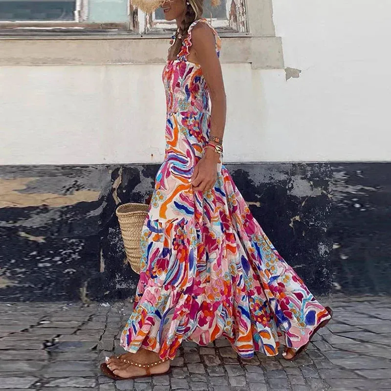 Pleated Bohemian Square Neck High Waist Robe New Summer Floral Print Spaghetti Strap Floral Casual Dress