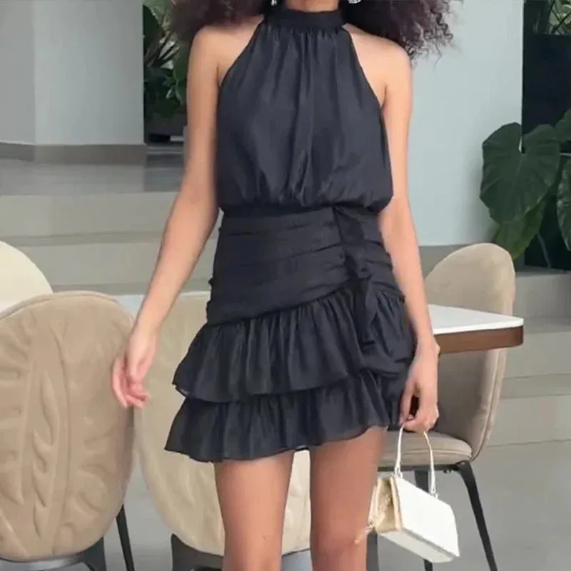 Pleated Sexy Solid Elegant Halter Lace-up Summer Ruffled Dress