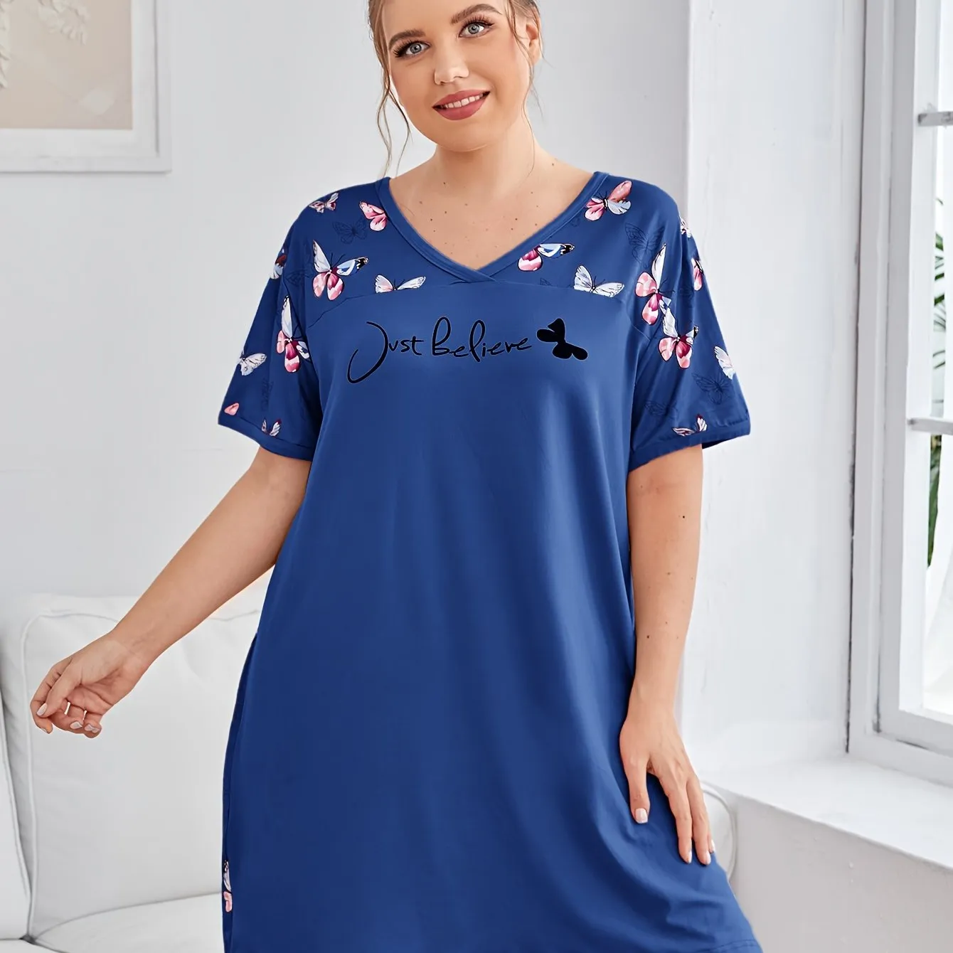 Plus Size Butterfly & Letter Print Lounge Dress for Women, Featuring Short Sleeves, V Neck, and Casual Comfort for Relaxed Nights"