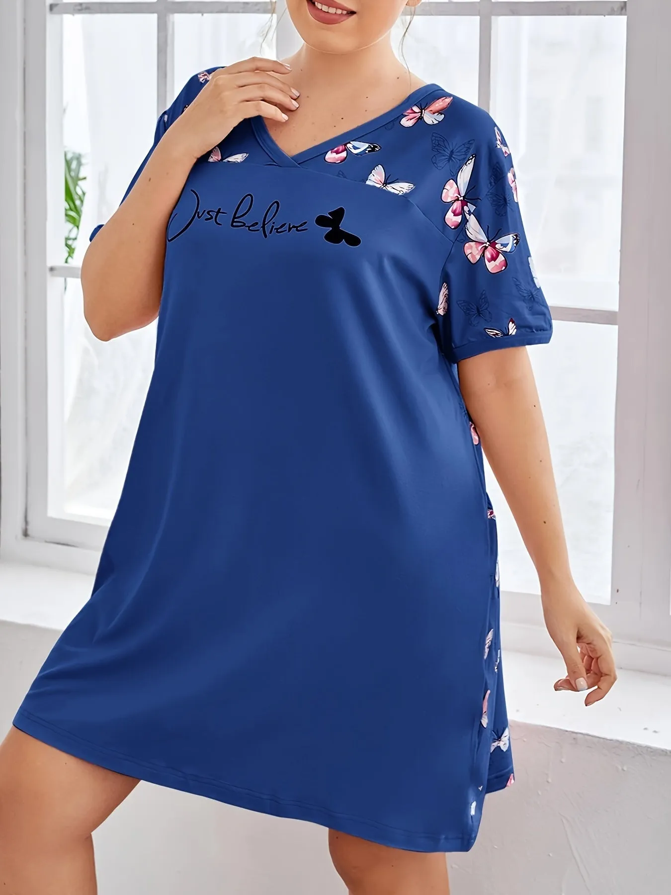 Plus Size Butterfly & Letter Print Lounge Dress for Women, Featuring Short Sleeves, V Neck, and Casual Comfort for Relaxed Nights"