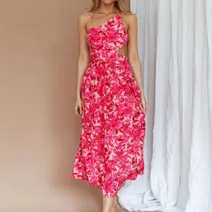 Print Asymmetrical V-neck Pleated Bandage Backless Long Summer Floral Dress