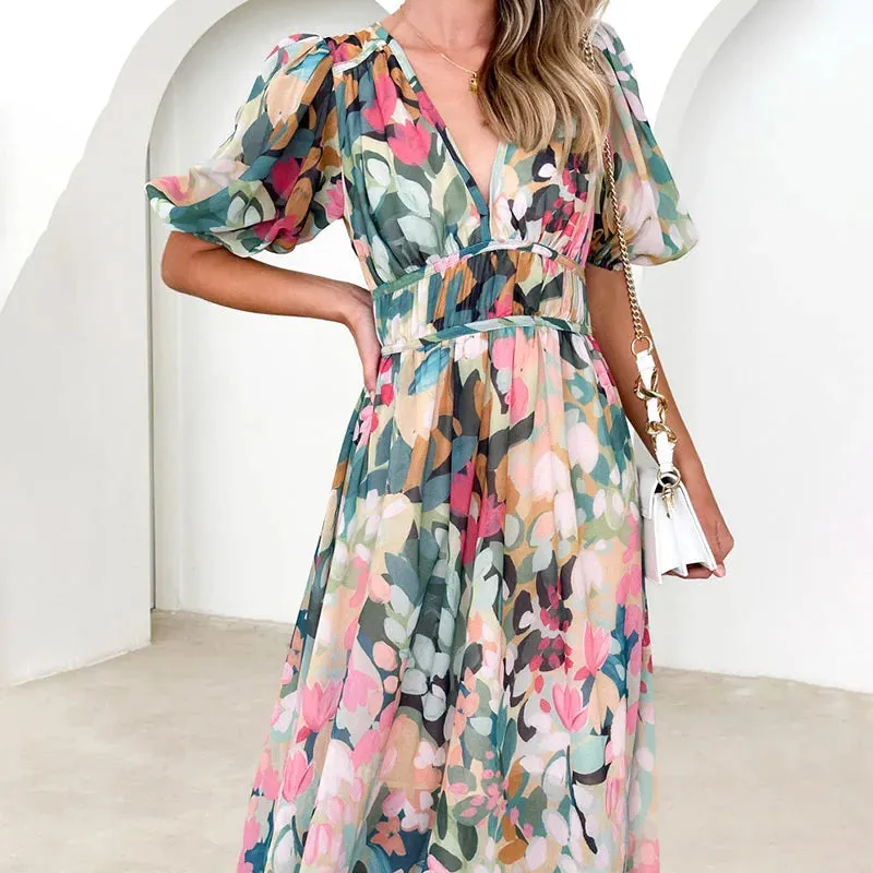 Print High Waist Party Female V-neck Boho Puff Sleeves Pleated Summer Floral Dress