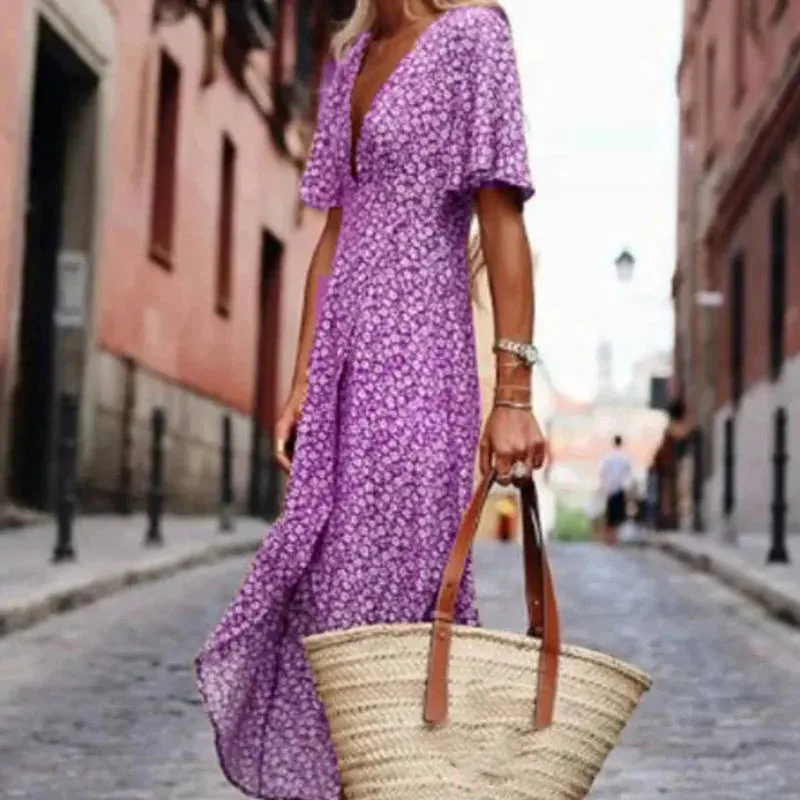 Print 's Long 2024 Sexy V Neck Bohemian New Casual Hem Summer Floral Dress