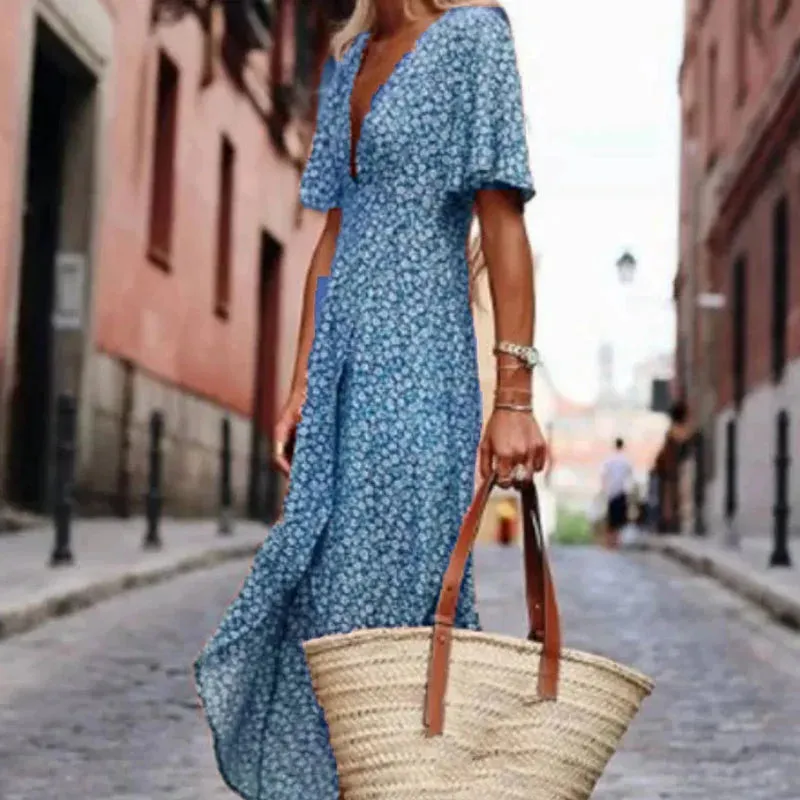 Print 's Long 2024 Sexy V Neck Bohemian New Casual Hem Summer Floral Dress